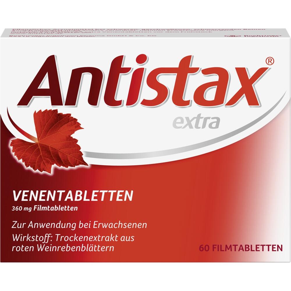 Rote Antistax-Verpackung mit Venentabletten f&uuml;r Erwachsene aus Weinrebenbl&auml;ttern.