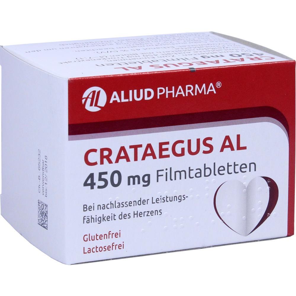 Eine Schachtel Crataegus AL 450 mg Filmtabletten gegen Herzleistungsschwäche.