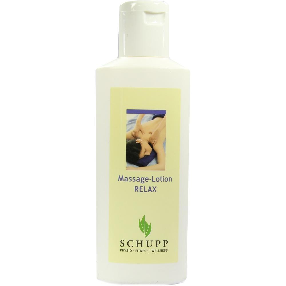 Wei&szlig;e Flasche mit gelbem Etikett und der Aufschrift "Massage-Lotion RELAX".