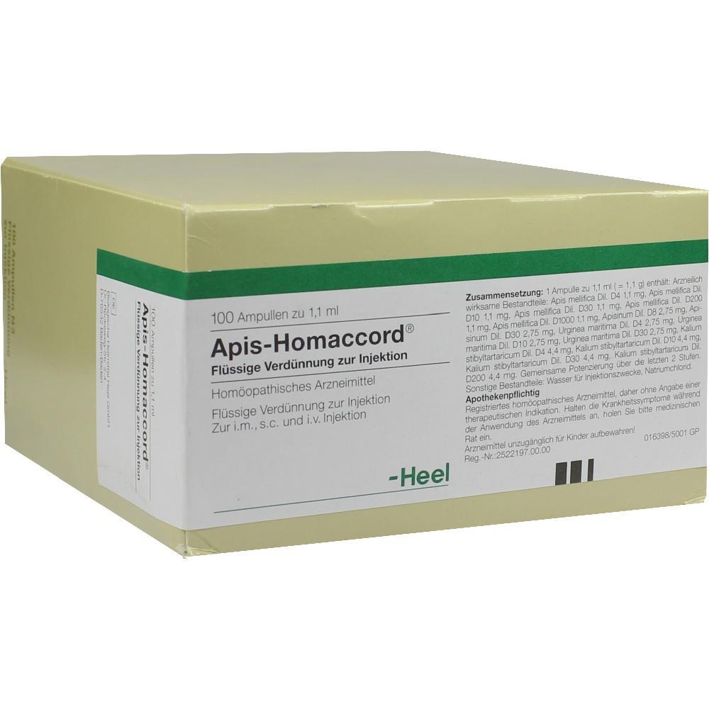 Eine gelbe Box mit "Apis-Homaccord" darauf, ein hom&ouml;opathisches Arzneimittel zur Injektion.