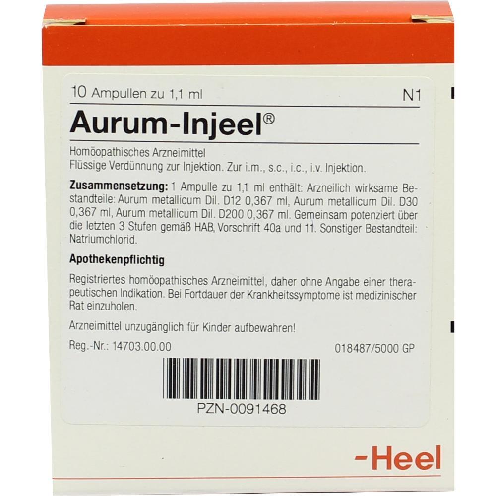Packung von Aurum-Injeel, einem hom&ouml;opathischen Arzneimittel zur Injektion, 10 Ampullen.