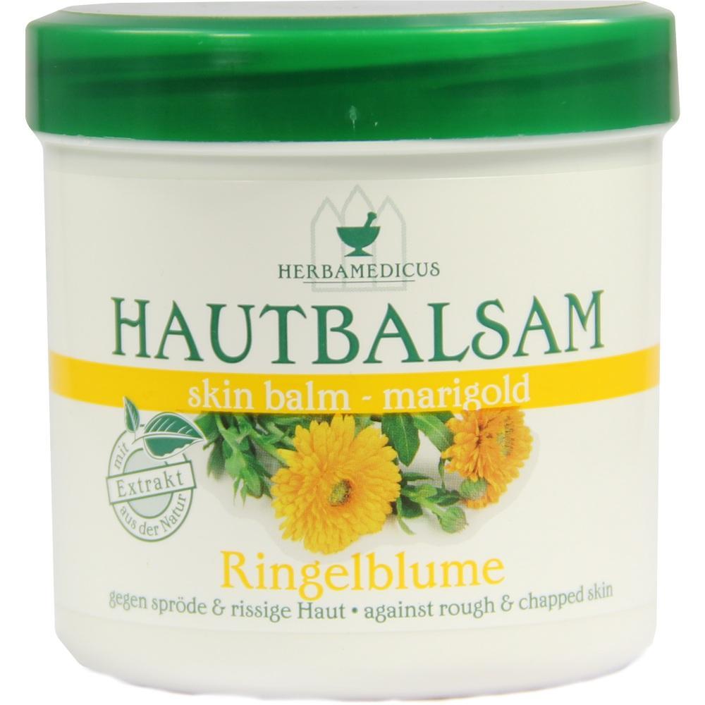 Dose mit gr&uuml;nem Deckel und Aufschrift "Hautbalsam Ringelblume".