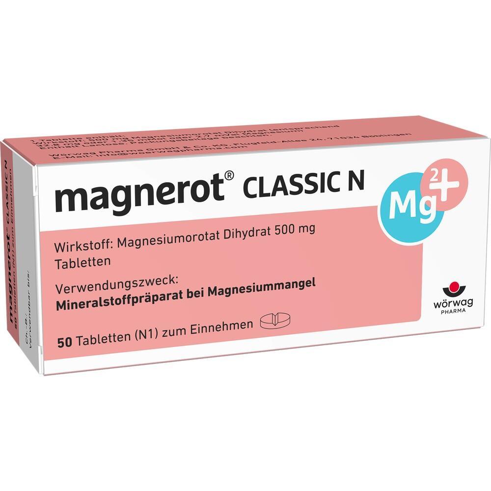 Packung mit 50 Magnerot Classic N Tabletten zur Behandlung von Magnesiummangel.