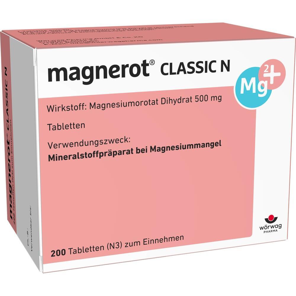 Eine Packung Magnerot Classic N Tabletten f&uuml;r Magnesiummangel.