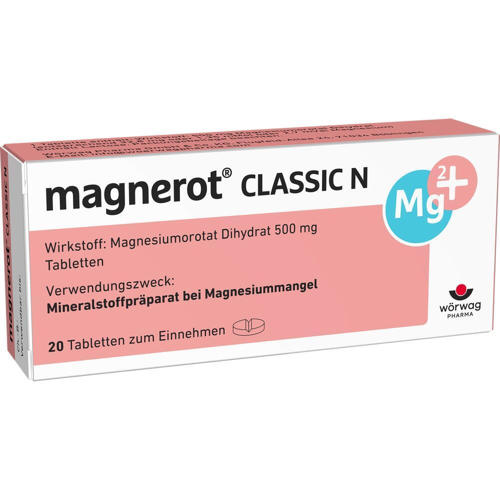 Eine Packung Magnerot Classic N Tabletten gegen Magnesiummangel.
