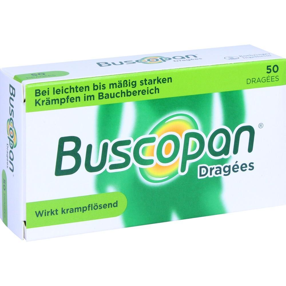 Packung von Buscopan Tabletten gegen Bauchkr&auml;mpfe in wei&szlig; und gr&uuml;n.