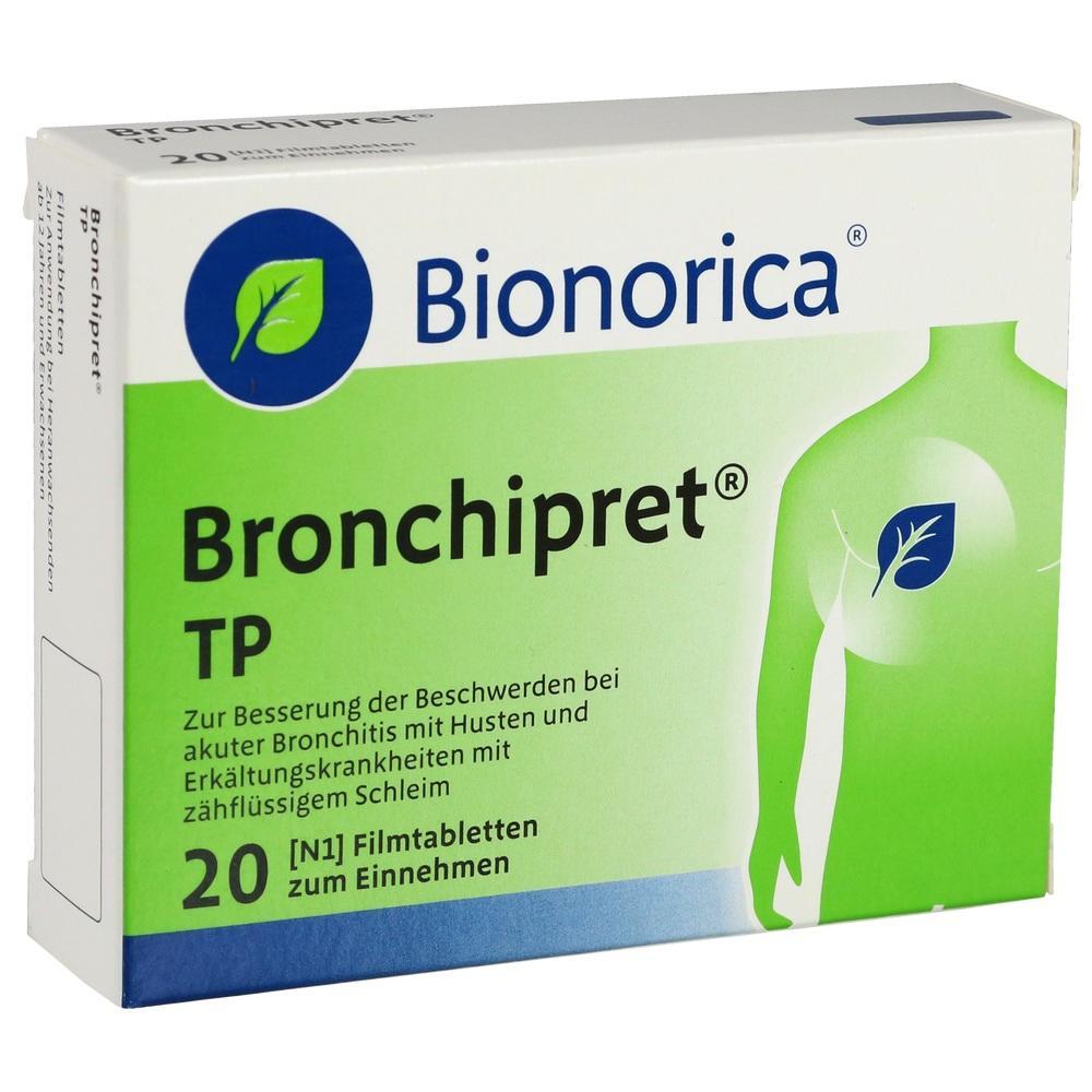 Eine Packung Bronchipret TP Tabletten zur Linderung von Husten und Bronchitis.