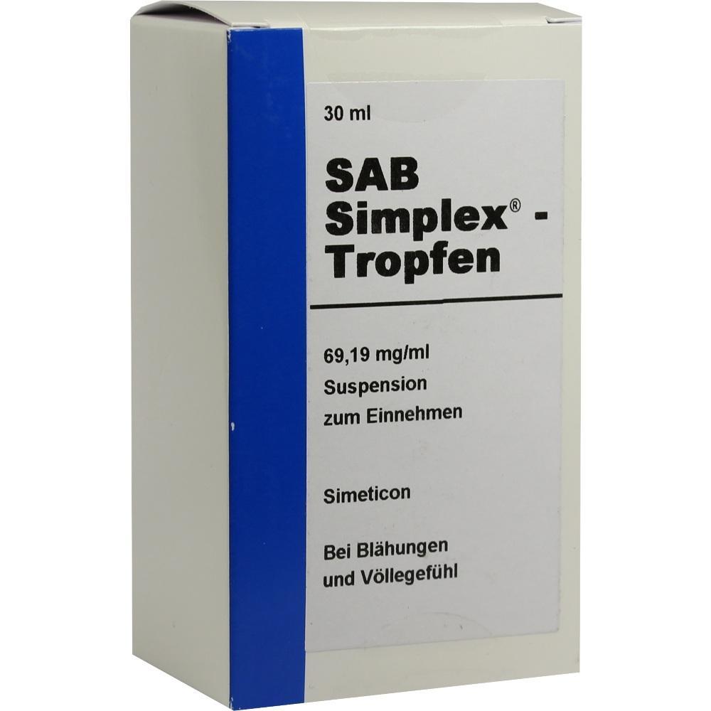 Eine Packung SAB Simplex-Tropfen gegen Bl&auml;hungen und V&ouml;llegef&uuml;hl.