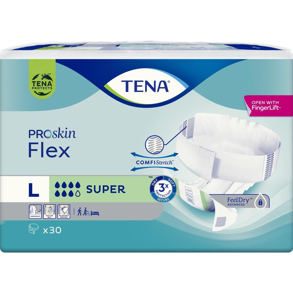 Verpackung von TENA ProSkin Flex Windeln in Gr&ouml;&szlig;e L mit mehreren Symbolen.