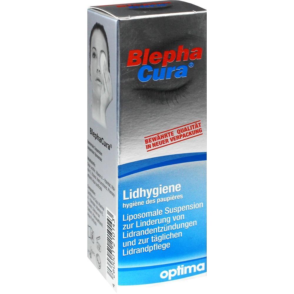 Verpackung einer Augenhygiene-L&ouml;sung namens "BlephaCura" mit blauer und silberner Aufschrift.