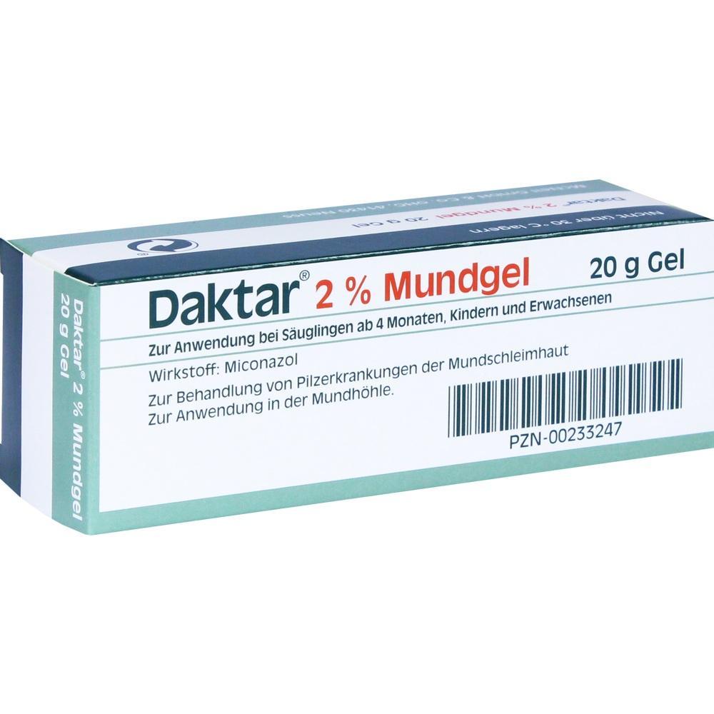 Eine Packung mit 20 g Daktar 2 % Mundgel zur Behandlung von Pilzinfektionen im Mund.