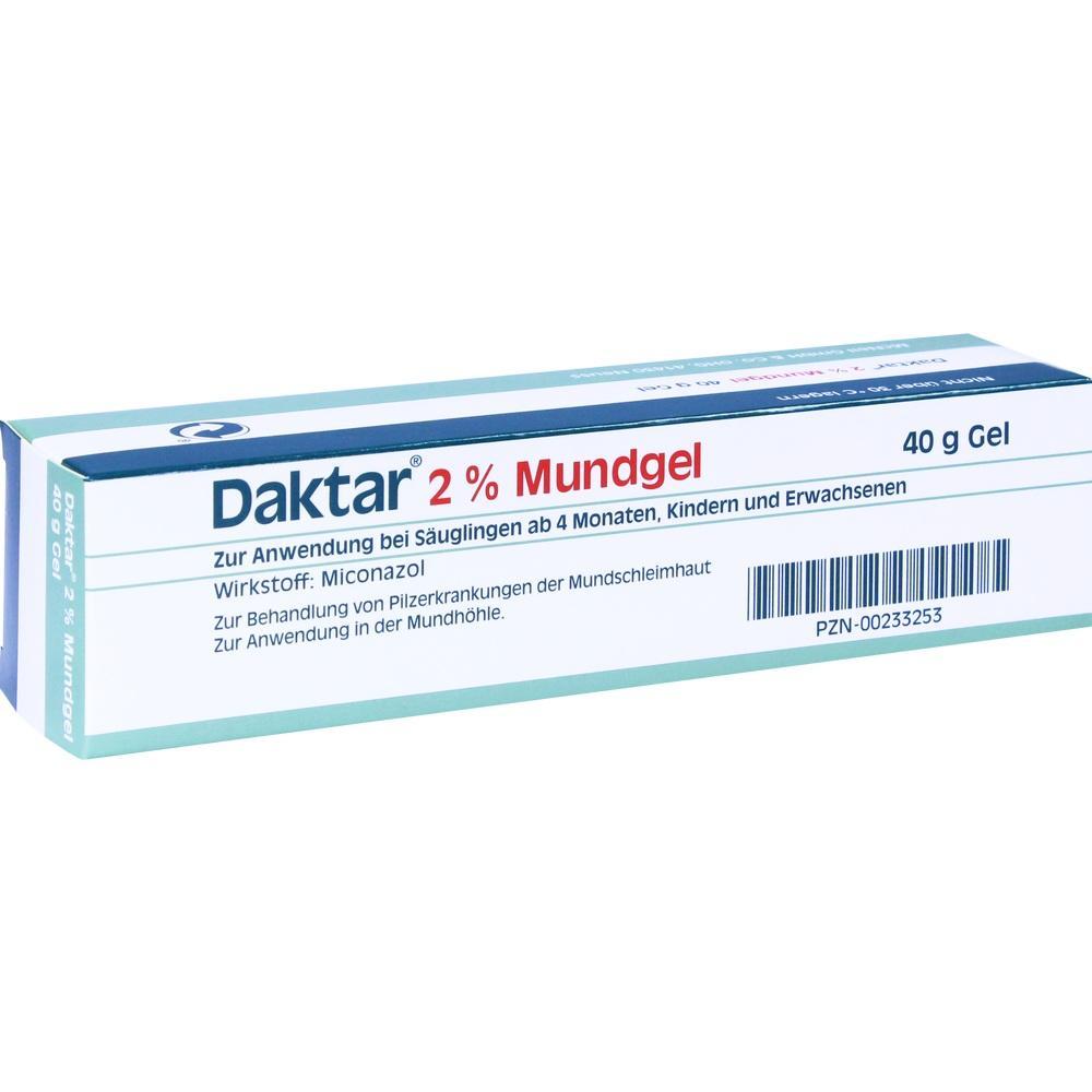 Eine Schachtel mit Daktar 2% Mundgel zur Behandlung von Pilzinfektionen im Mund.