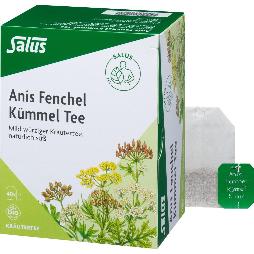 Eine gr&uuml;ne Teepackung mit Anis, Fenchel und K&uuml;mmel steht neben einem Teebeutel.