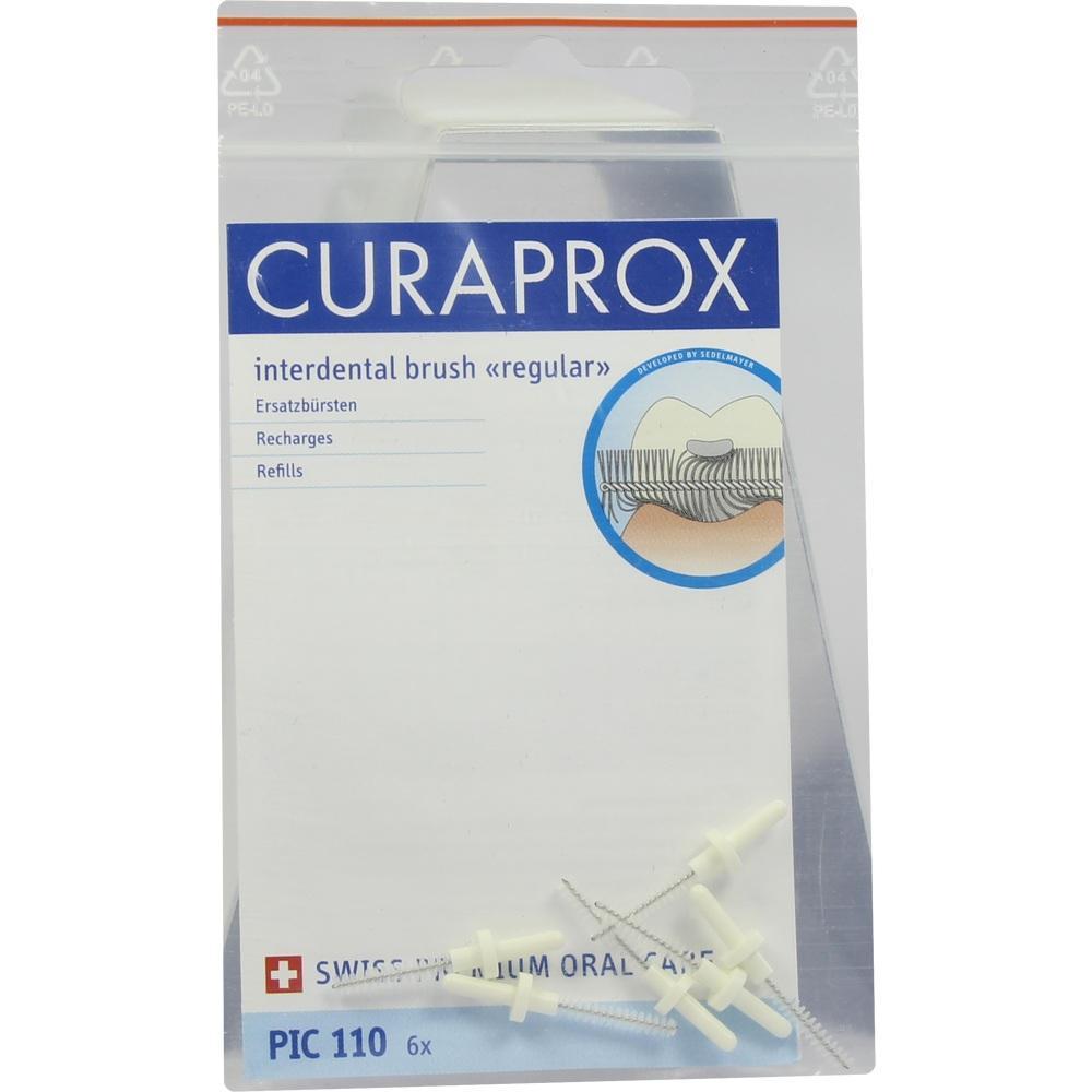 Verpackung mit sechs wei&szlig;en Interdentalb&uuml;rsten von Curaprox f&uuml;r die Zahnzwischenraumreinigung.