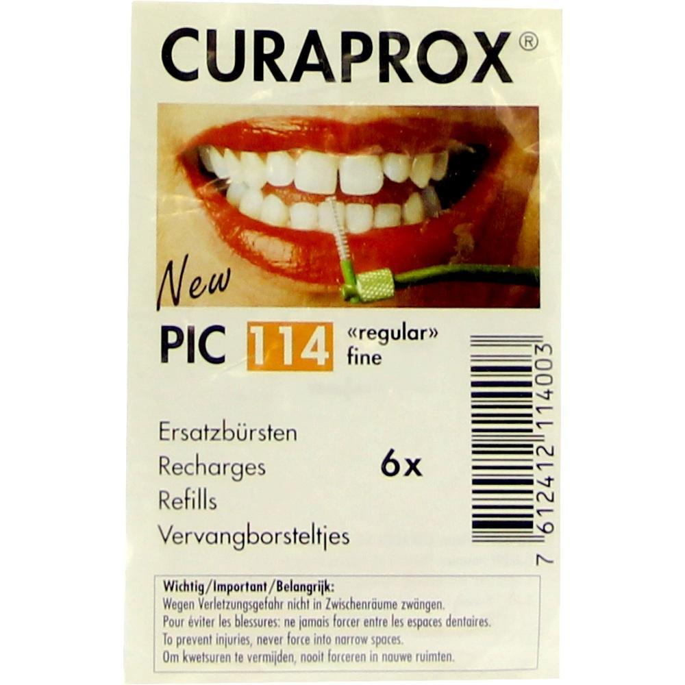 Verpackung von Curaprox Ersatzb&uuml;rsten mit Bild von Z&auml;hnen und B&uuml;rste zwischen ihnen.