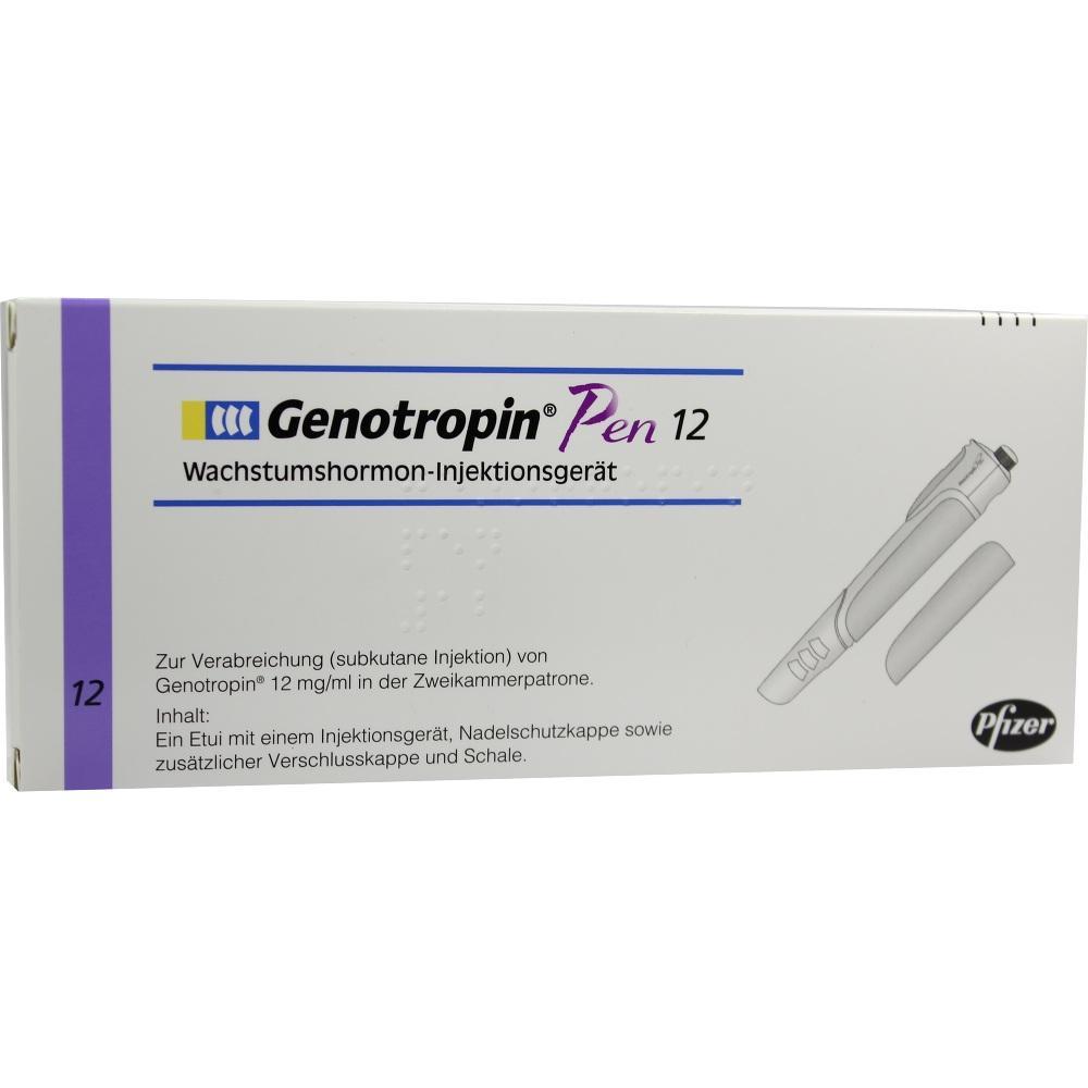 Wei&szlig;e Verpackung eines Injektionsger&auml;ts namens Genotropin Pen 12.