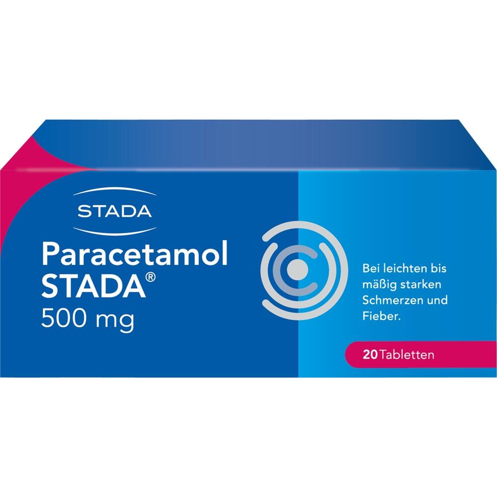 Blaue Schachtel mit Paracetamol-Tabletten gegen Schmerzen und Fieber.