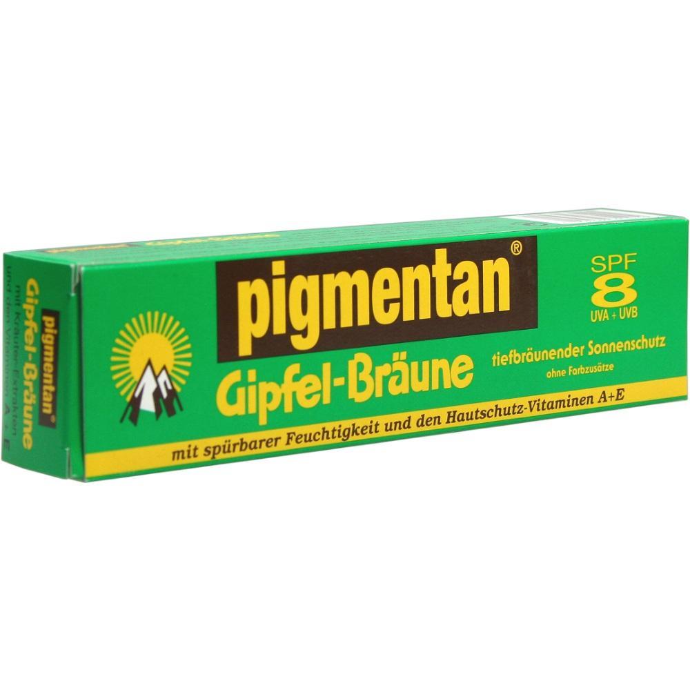 Gr&uuml;ne Verpackung einer Sonnencreme mit der Aufschrift "pigmentan Gipfel-Br&auml;une".