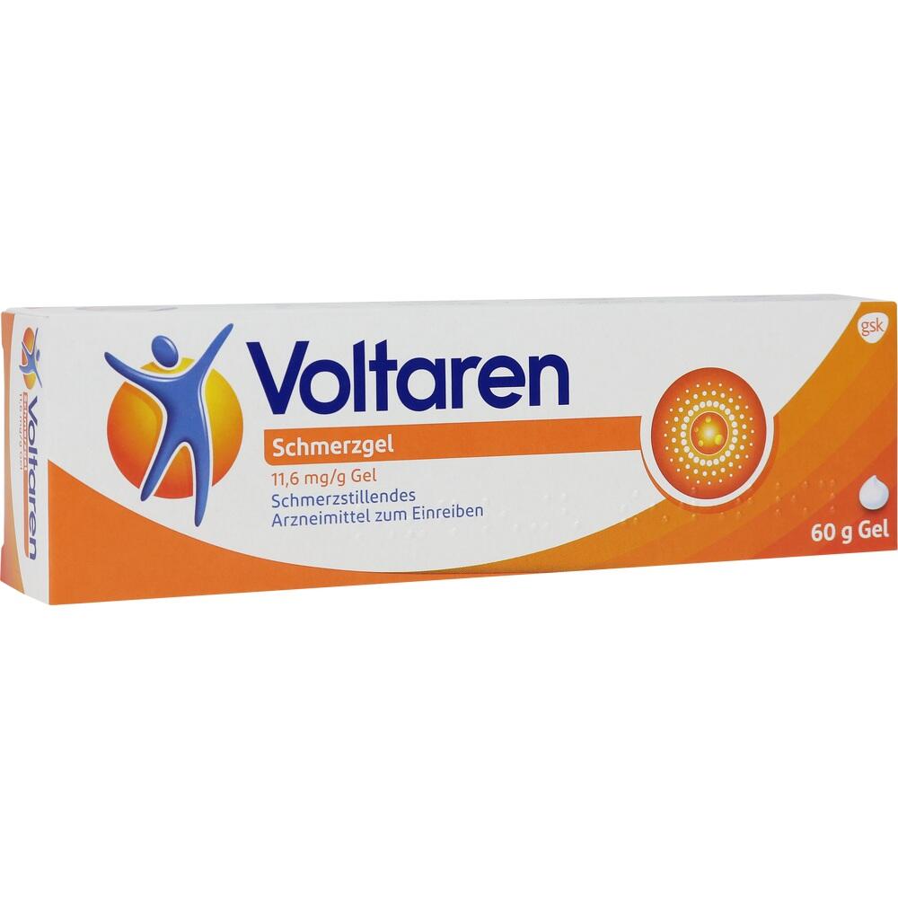Eine Tube Voltaren Schmerzgel mit orangem und blauem Logo auf wei&szlig;em Hintergrund.
