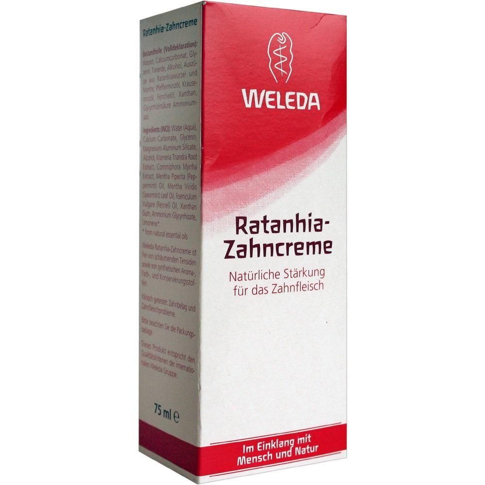 Eine Packung Weleda Ratanhia-Zahncreme mit rotem und wei&szlig;em Design.