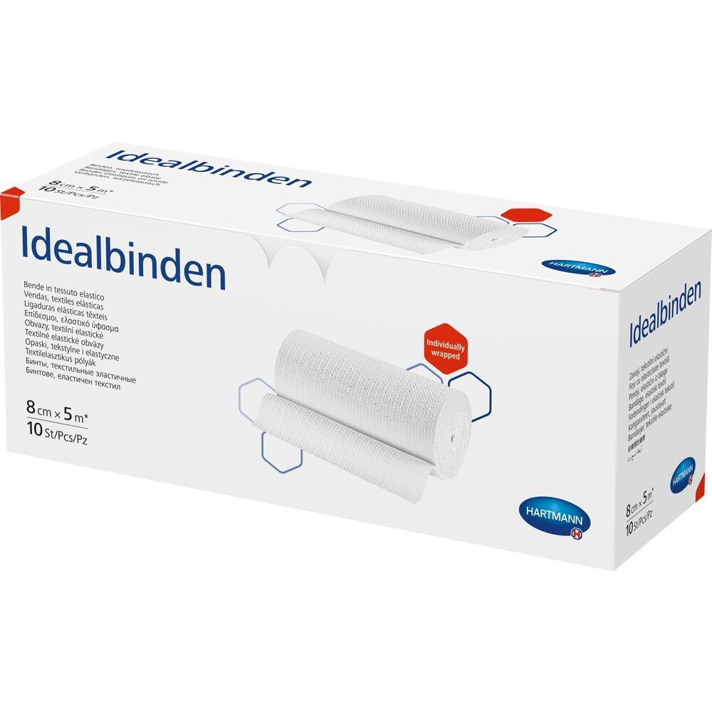 Eine Packung mit wei&szlig;en elastischen Idealbinden von Hartmann.