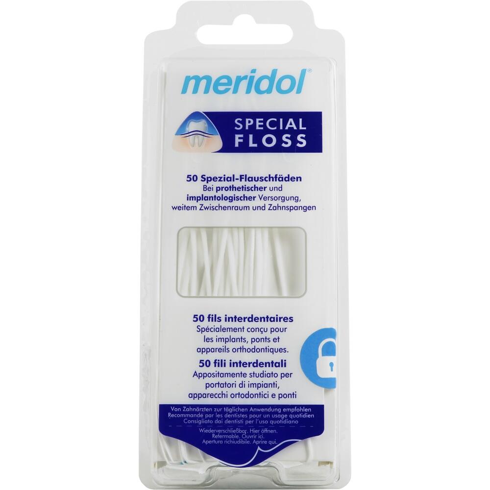 Verpackung von meridol Spezial-Floss Zahnseide f&uuml;r Zahnzwischenr&auml;ume.