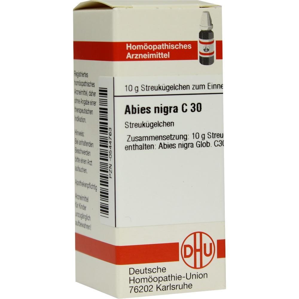 Eine Packung hom&ouml;opathische Streuk&uuml;gelchen namens Abies nigra C 30.