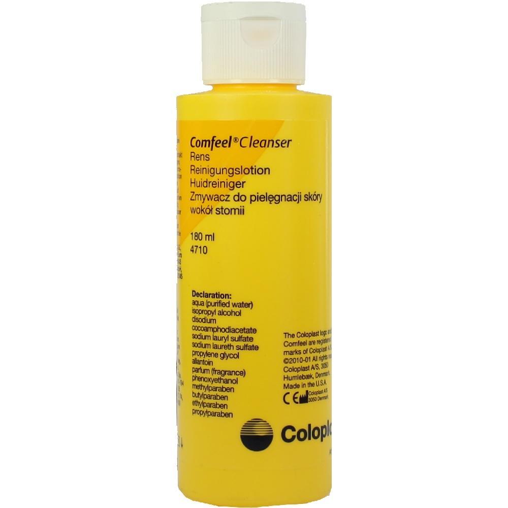 Gelbe Flasche mit Reinigungsfl&uuml;ssigkeit, 180 ml, von Coloplast.