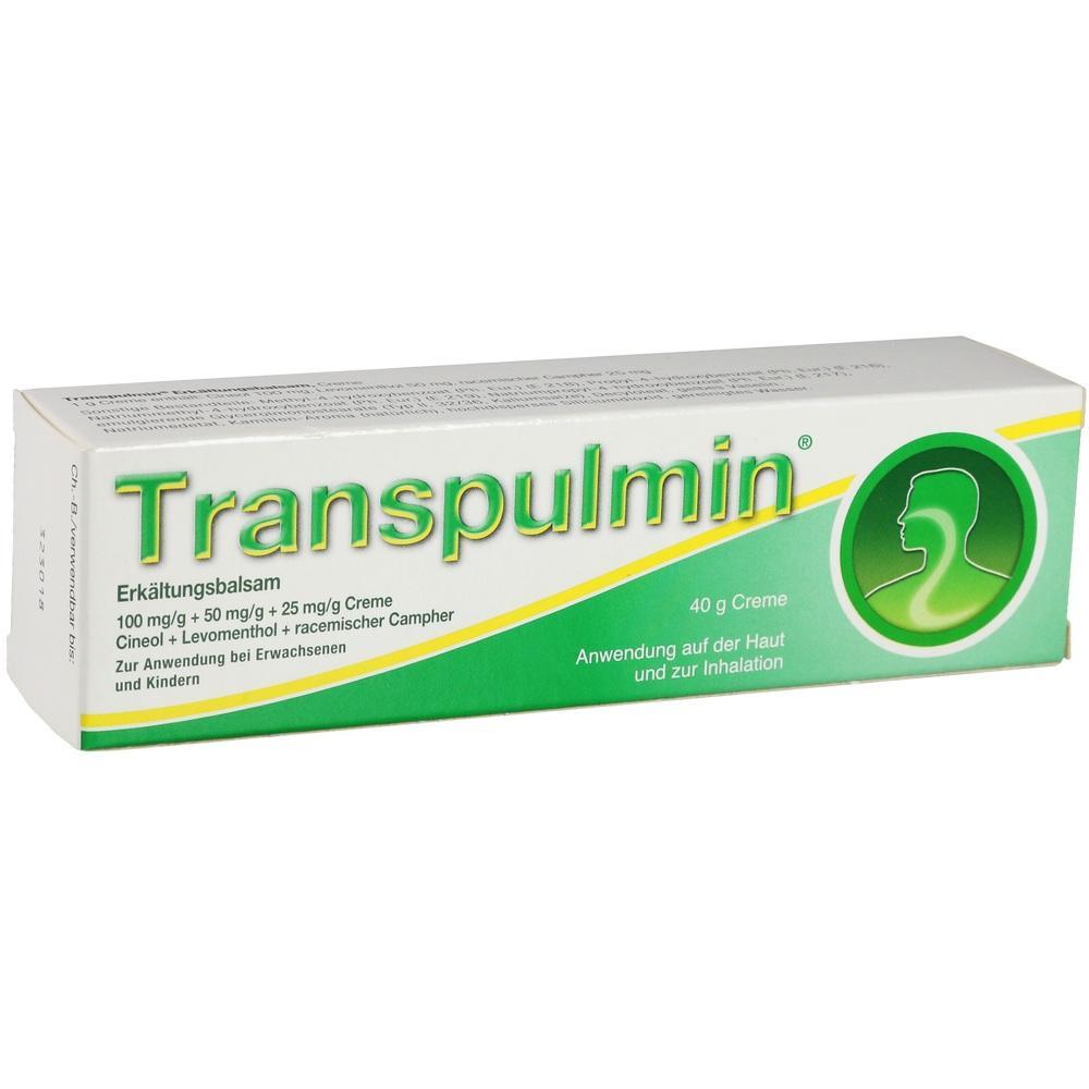 Eine wei&szlig;e Packung Transpulmin Erk&auml;ltungsbalsam mit gr&uuml;nem Logo vorne.