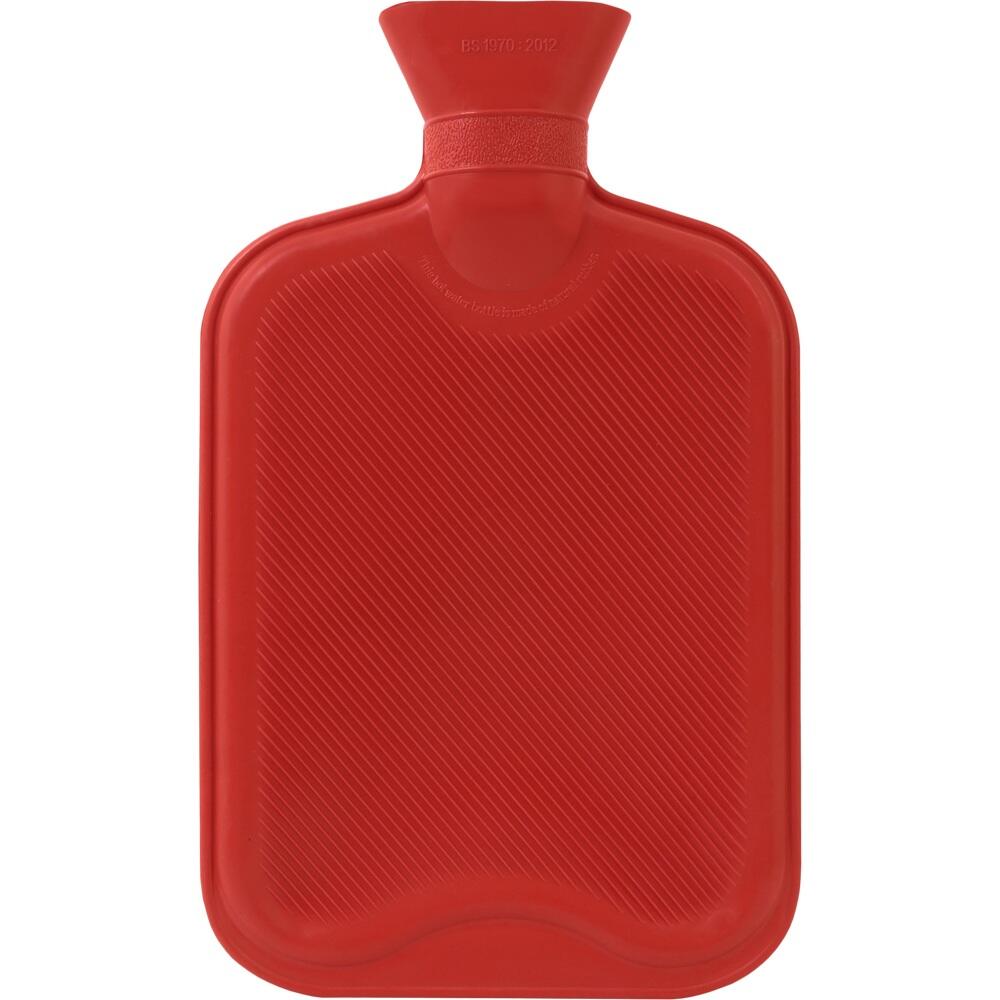 Rote, rechteckige W&auml;rmflasche aus Gummi mit geripptem Muster.