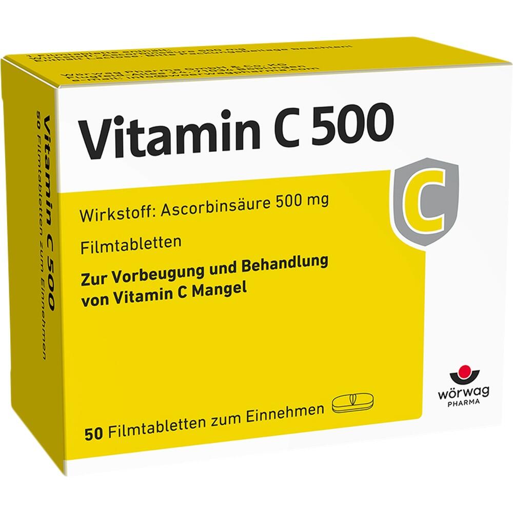 Gelbe Packung mit Vitamin C 500 mg Tabletten zur Vorbeugung von Vitamin C Mangel.