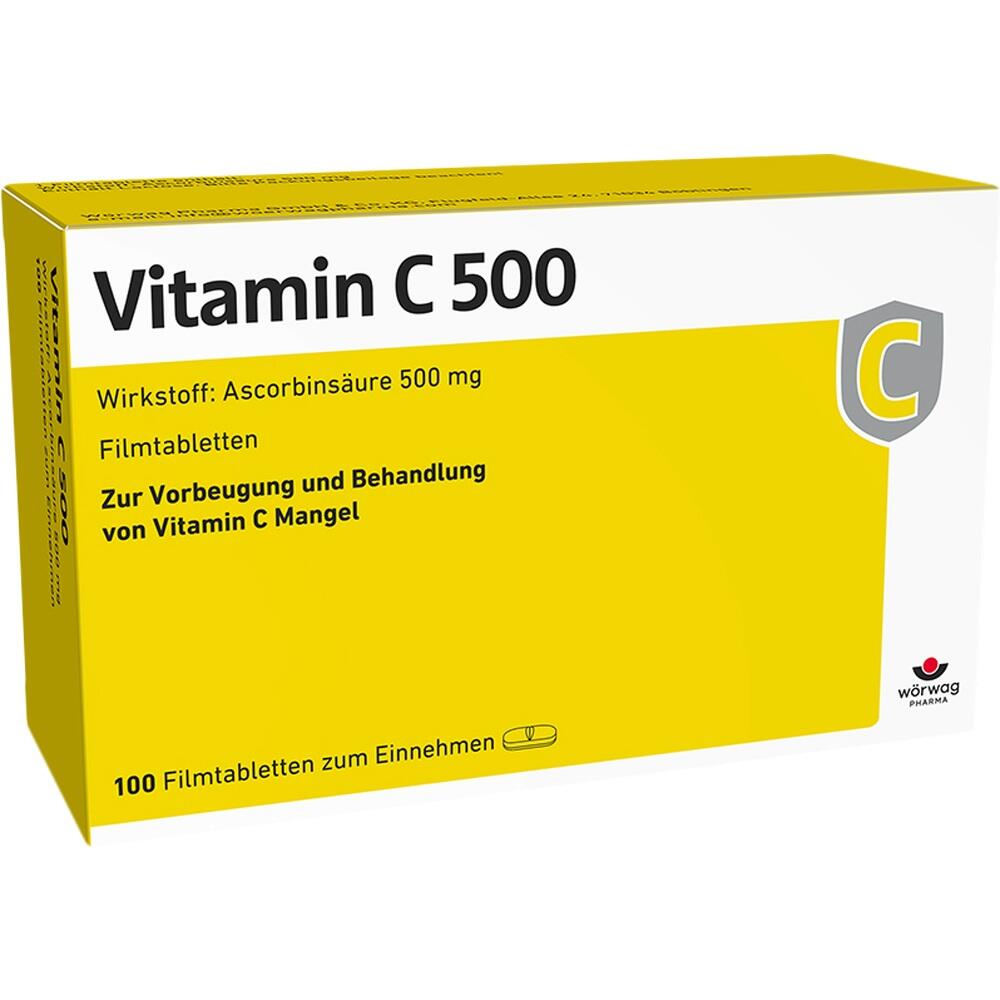 Gelbe Packung mit Vitamin C 500 mg Tabletten zur Vorbeugung von Vitamin C Mangel.