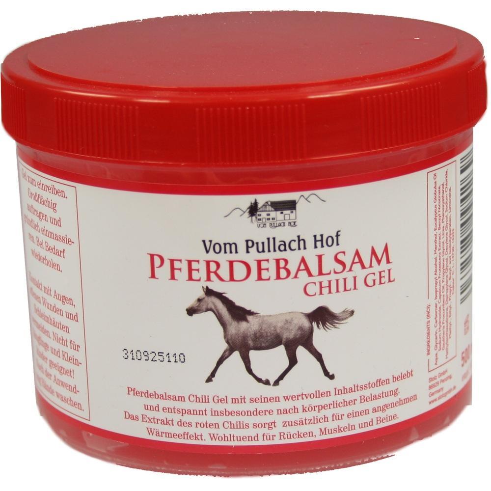 Rote Dose mit Pferdebalsam Chili Gel und Abbildung eines Pferdes.