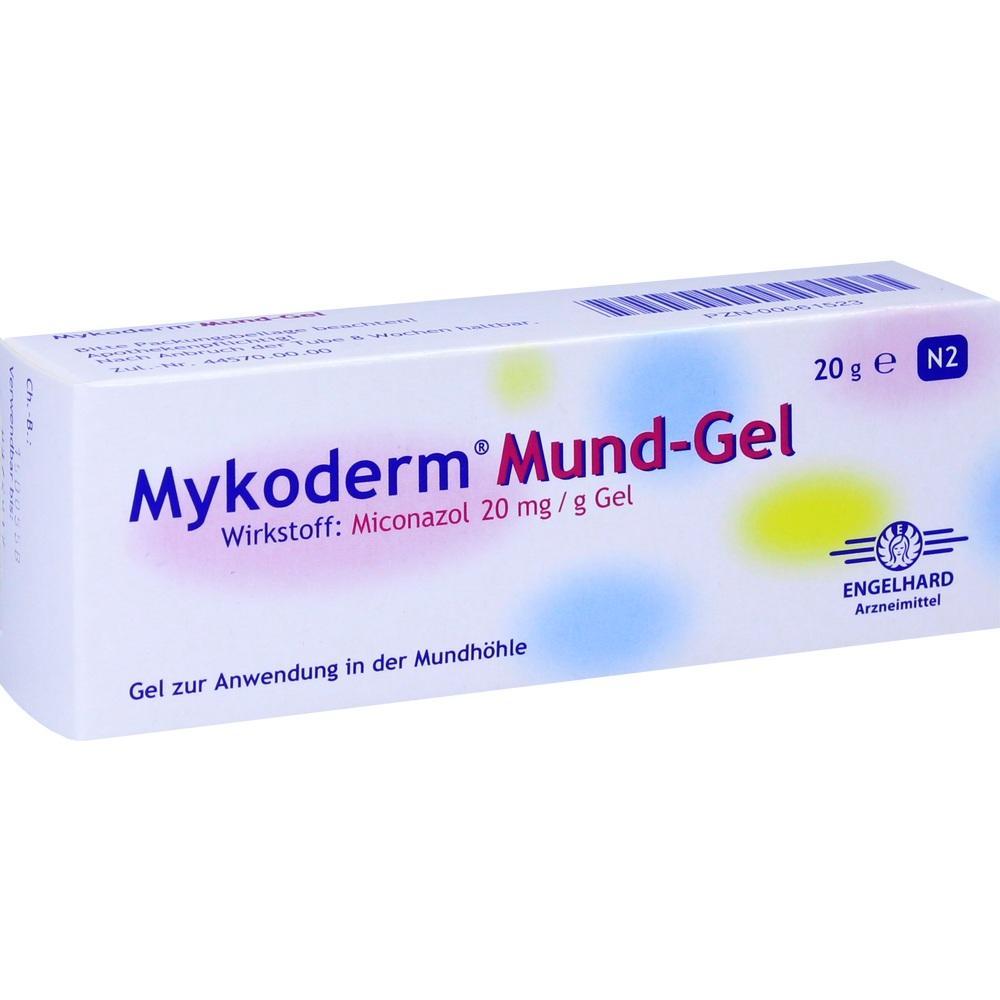 Weiße Verpackung eines Mundgels mit der Aufschrift "Mykoderm Mund-Gel".