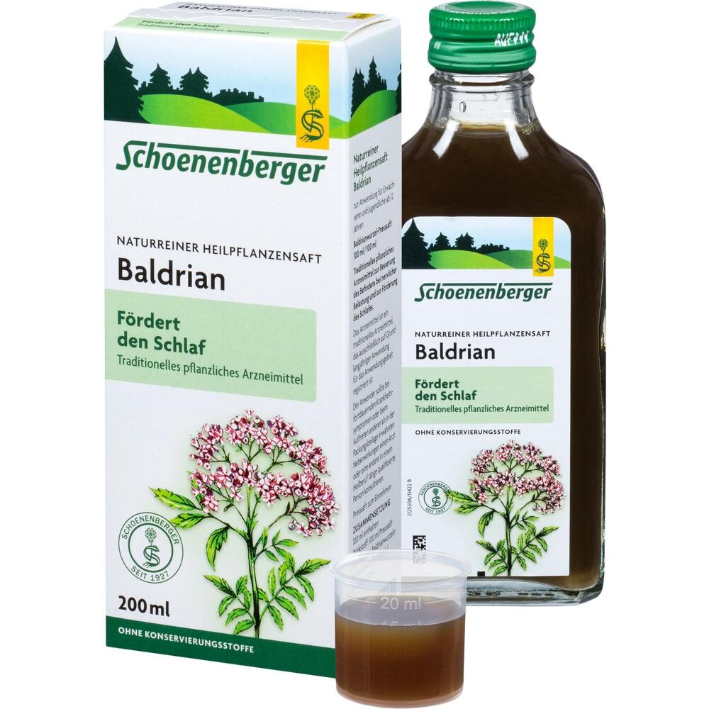 Baldriansaft in einer Flasche und Verpackung zur F&ouml;rderung des Schlafs.
