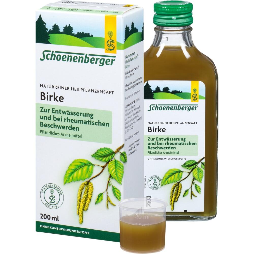 Eine Flasche und Packung Birkenpflanzensaft von Schoenenberger zur Entw&auml;sserung.