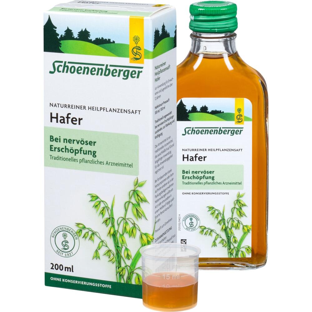 Flasche und Packung mit Hafer-Heilpflanzensaft f&uuml;r nerv&ouml;se Ersch&ouml;pfung.