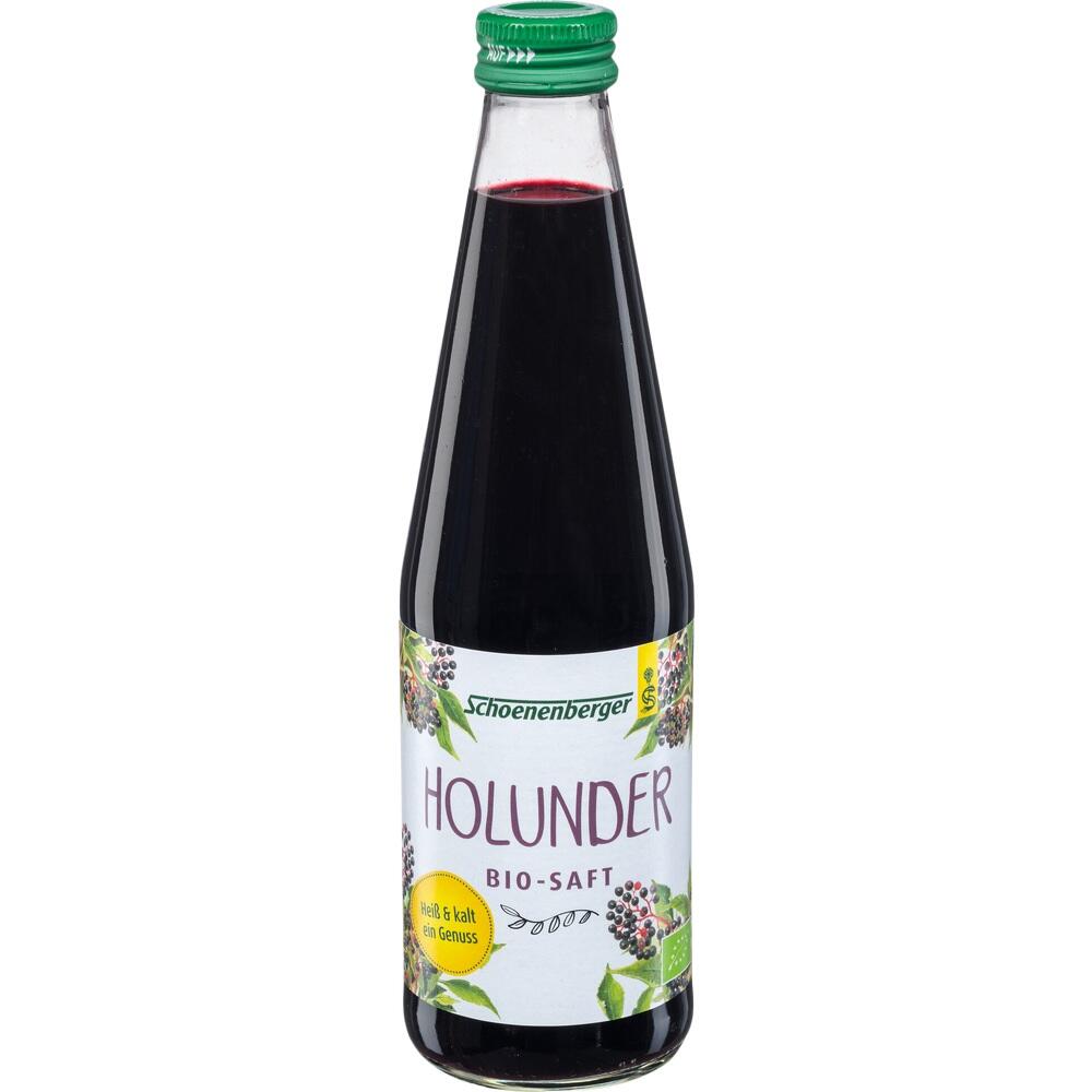Eine Flasche mit Bio-Holundersaft und gr&uuml;nem Deckel.