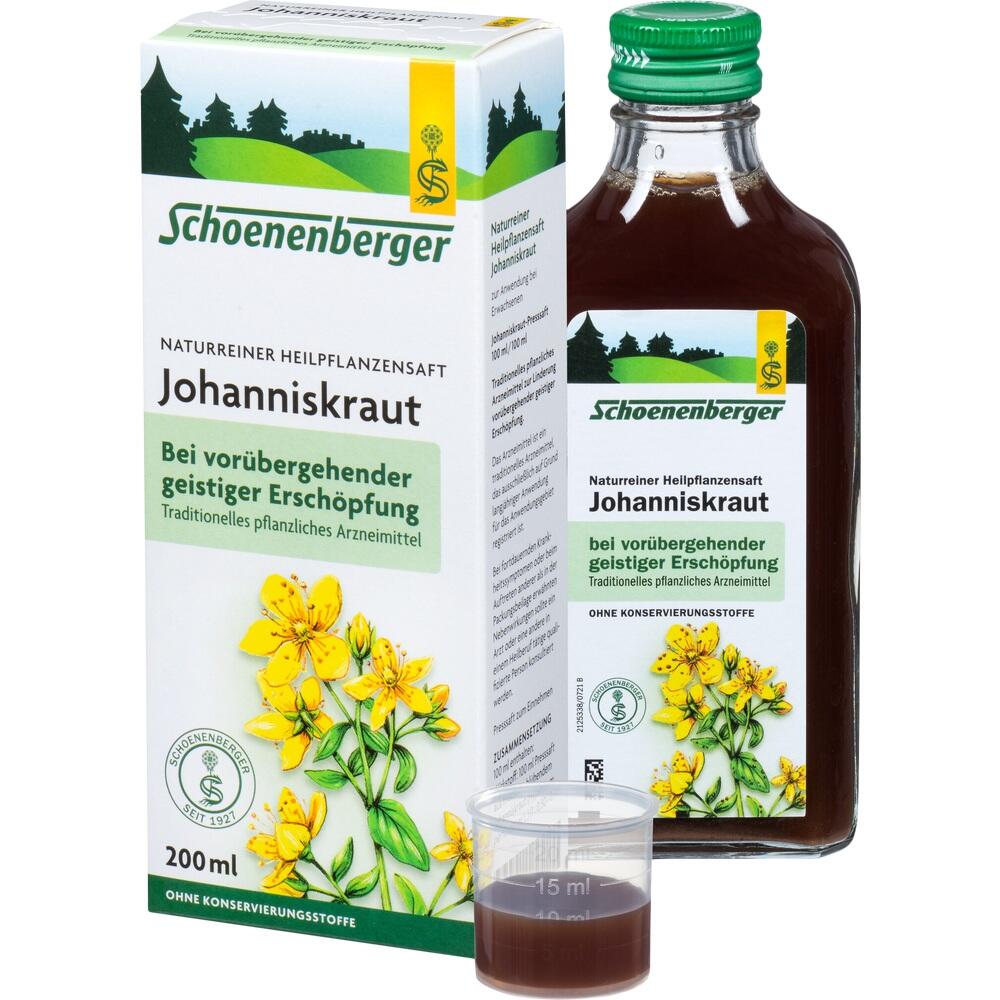 Flasche und Packung Johanniskrautsaft vor wei&szlig;em Hintergrund.