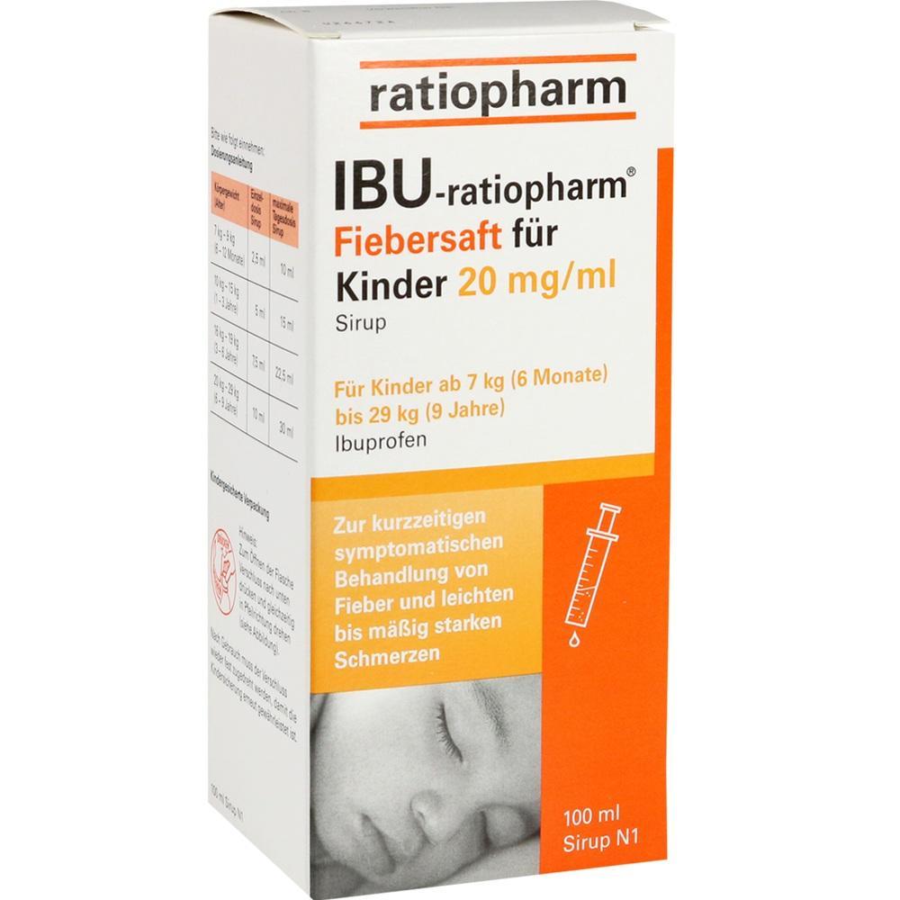 Packung mit Fieber- und Schmerzsaft f&uuml;r Kinder, Marke Ratiopharm.