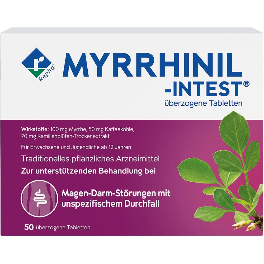 Verpackung von Myrrhinil-Intest Tabletten f&uuml;r Magen-Darm-Beschwerden mit Myrrhe und Kamille.
