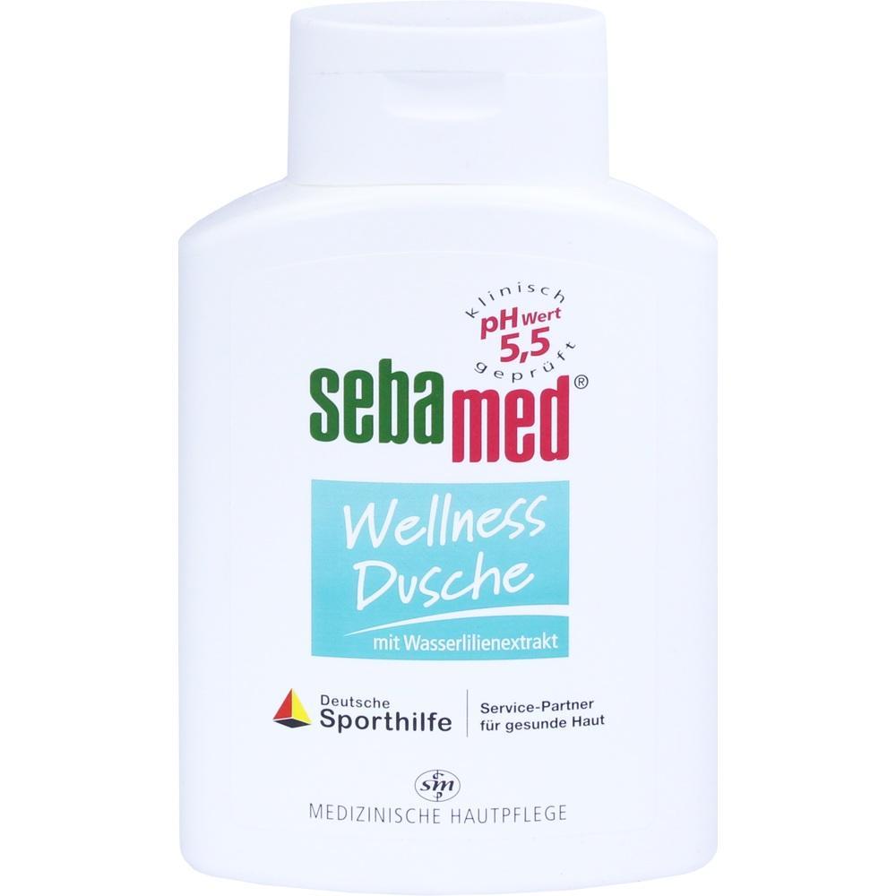 Eine wei&szlig;e Flasche mit der Aufschrift "sebamed Wellness Dusche".