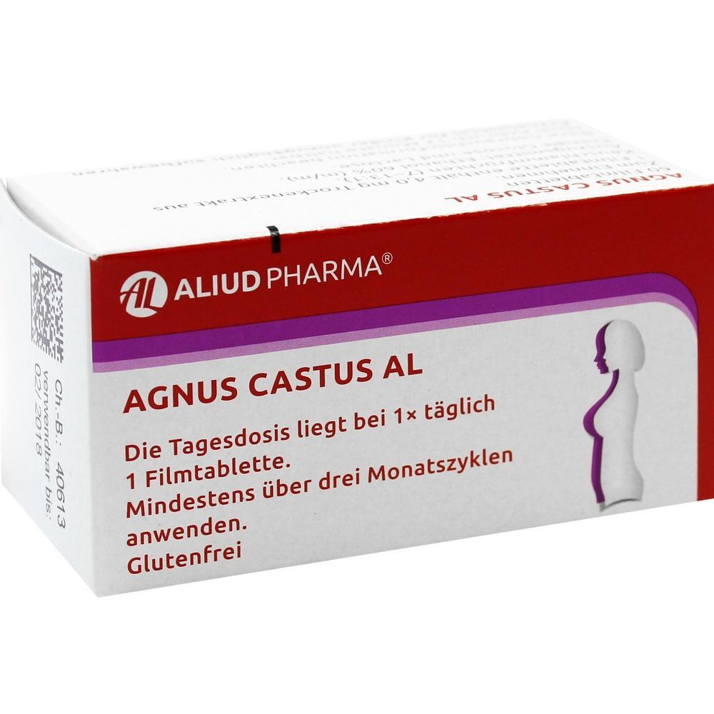 Wei&szlig;e Medikamentenschachtel mit rotem und lila Schriftzug, "Agnus Castus AL".