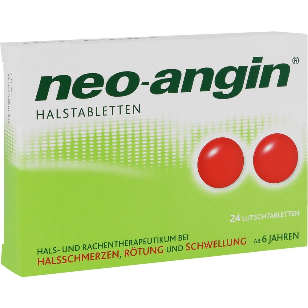 Eine gr&uuml;n-wei&szlig;e Packung neo-angin Lutschtabletten gegen Halsschmerzen.