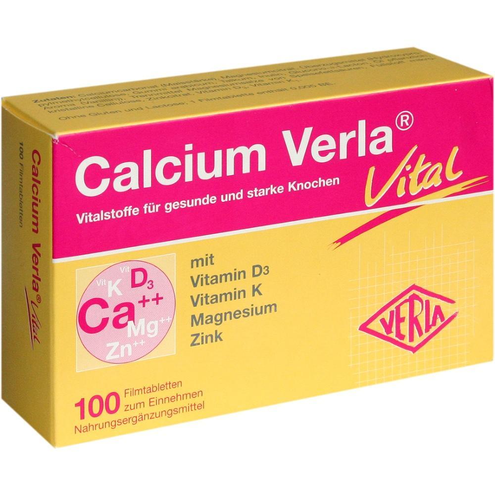 Gelbe und pinke Verpackung von Calcium Verla Vital mit Vitaminen zur Knochengesundheit.