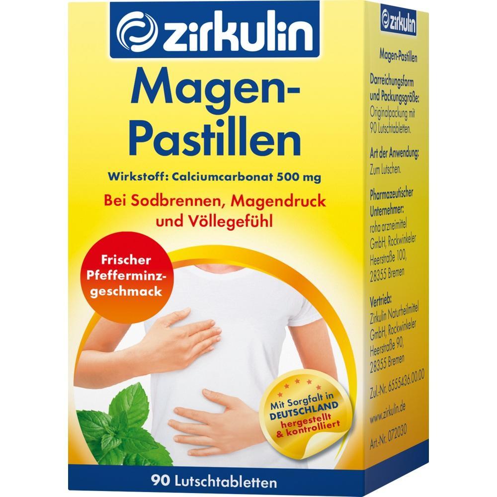 Gelbe Packung von Zirkulin Magen-Pastillen gegen Sodbrennen mit Pfefferminzgeschmack.