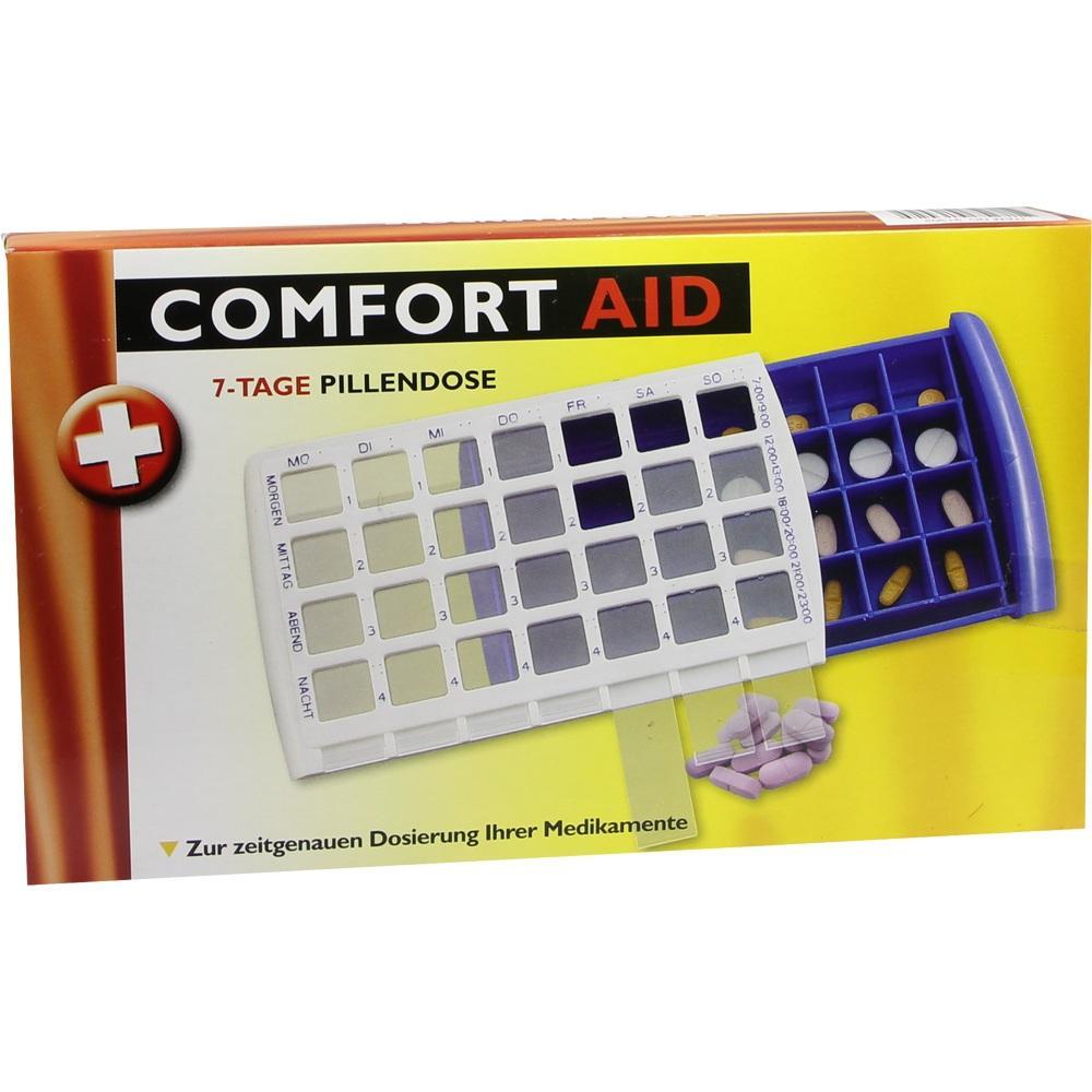 Eine Pillendose f&uuml;r sieben Tage liegt auf einer gelben Verpackung.