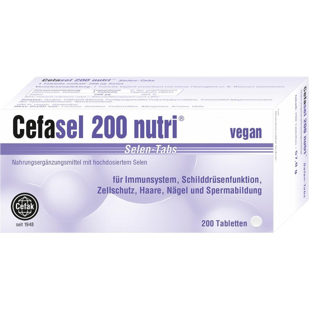Verpackung von Cefasel 200 nutri Selen-Tabletten, vegan und f&uuml;r verschiedene K&ouml;rperfunktionen.