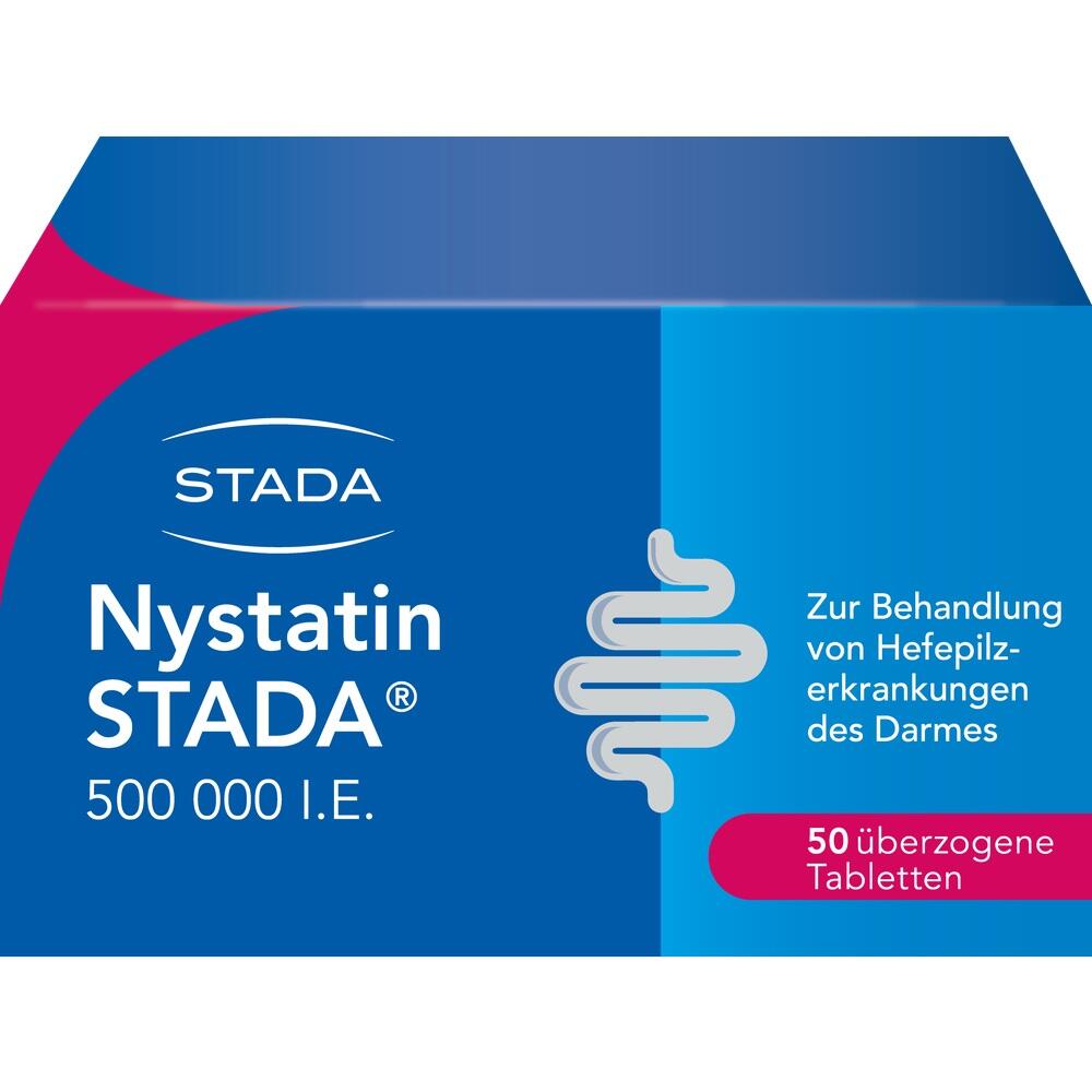 Blaue Medikamentenverpackung f&uuml;r die Behandlung von Hefepilzinfektionen im Darm.