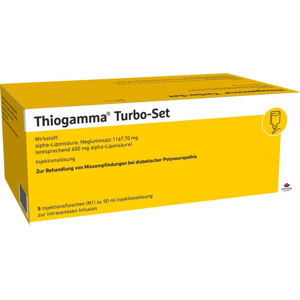 Gelbe Arzneimittelverpackung mit der Aufschrift "Thiogamma Turbo-Set".